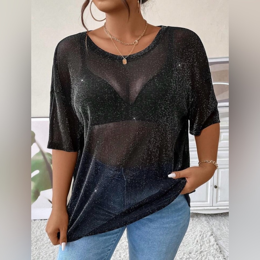 Sheer Sparkle Black Short Sleeve Women's Top